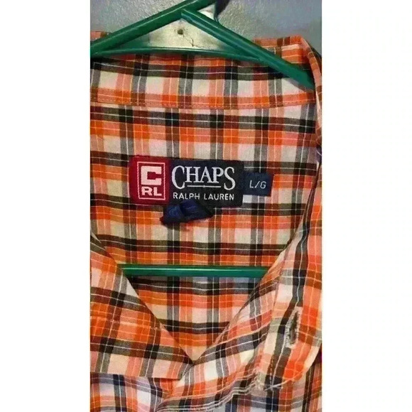 chaps ralph lauren orange checked short sleeve button down - Picture 2 of 4